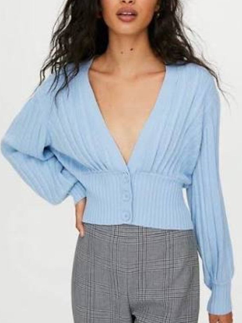 Aritzia Wilfred Plunge Front Cardigan Ribbed Wool Blend Button Up Blue Size XS